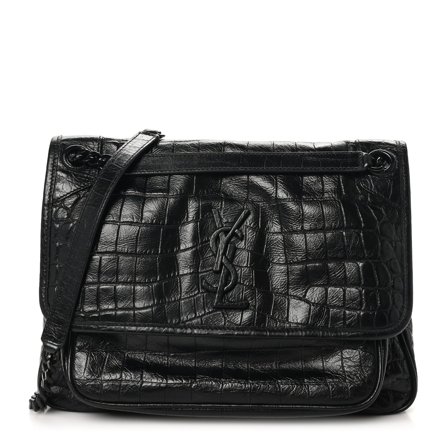 Crocodile Embossed Lambskin Monogram Medium Niki Chain Satchel Black