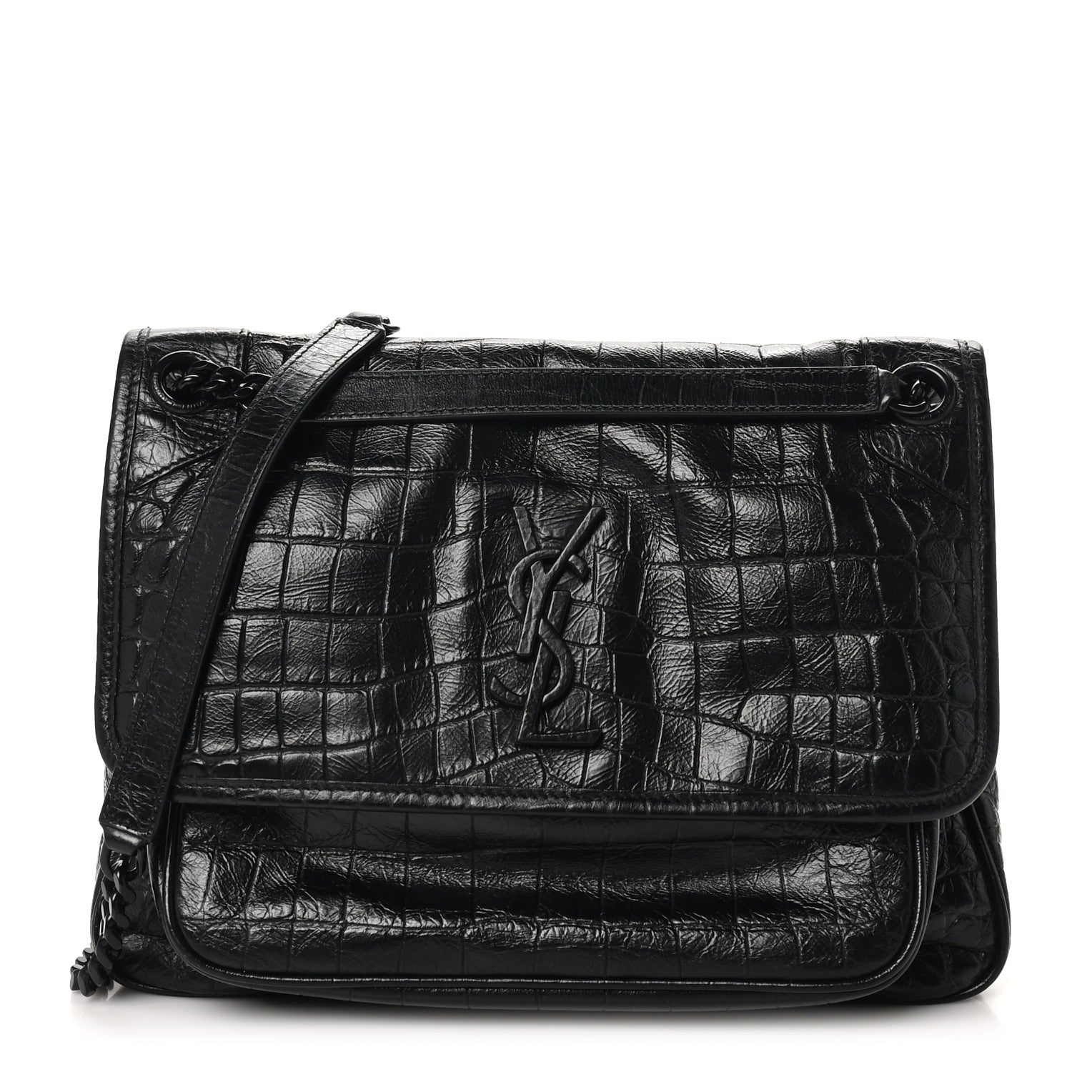Saint Laurent Crocodile Embossed Lambskin Monogram Medium Niki Chain Satchel Black 1 of 10