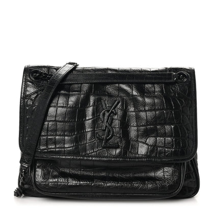 Saint Laurent Crocodile Embossed Lambskin Monogram Medium Niki Chain Satchel Black 1 of 10