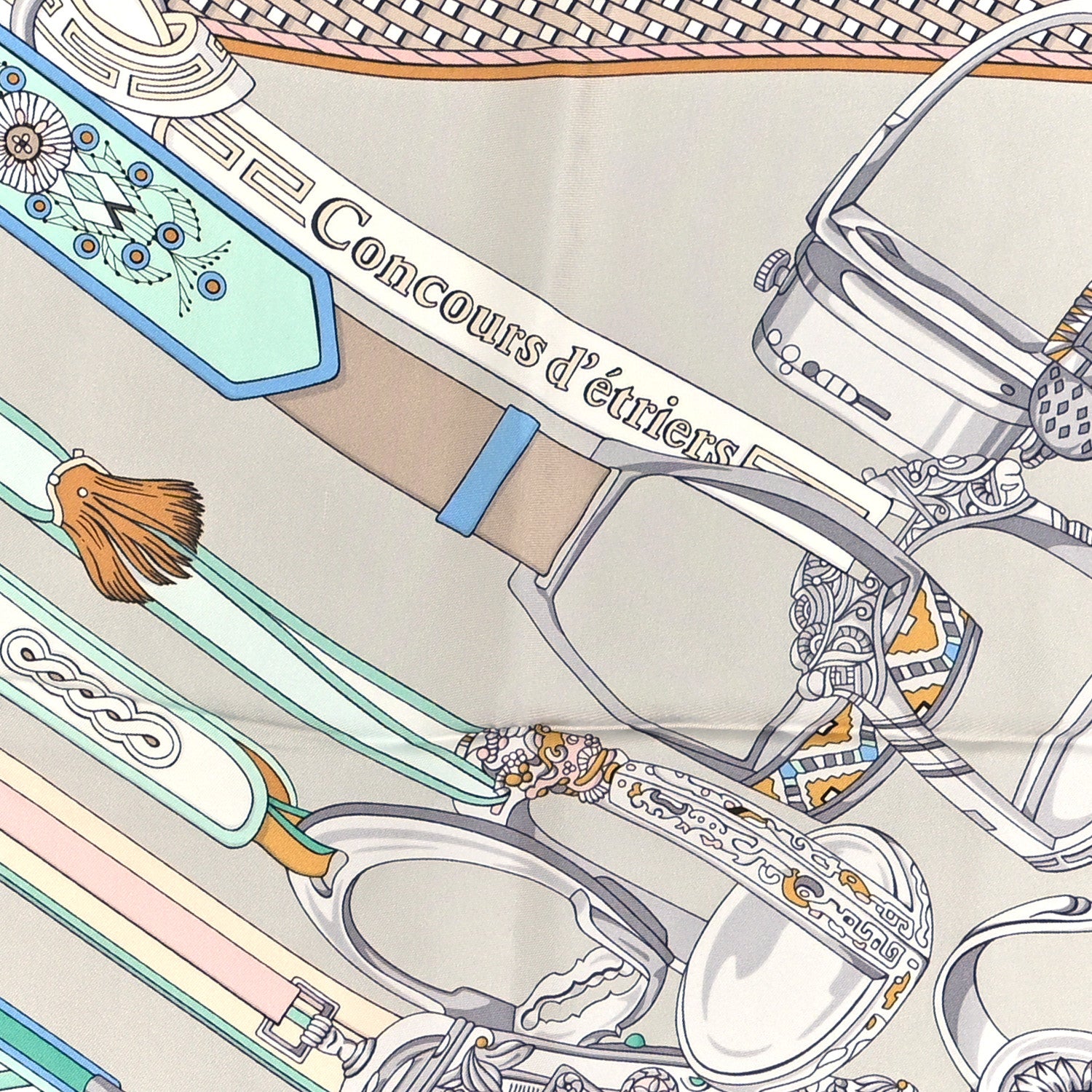 Hermes Silk Concours D'Etriers Scarf 90 Gris Perle Bleu 4 of 5