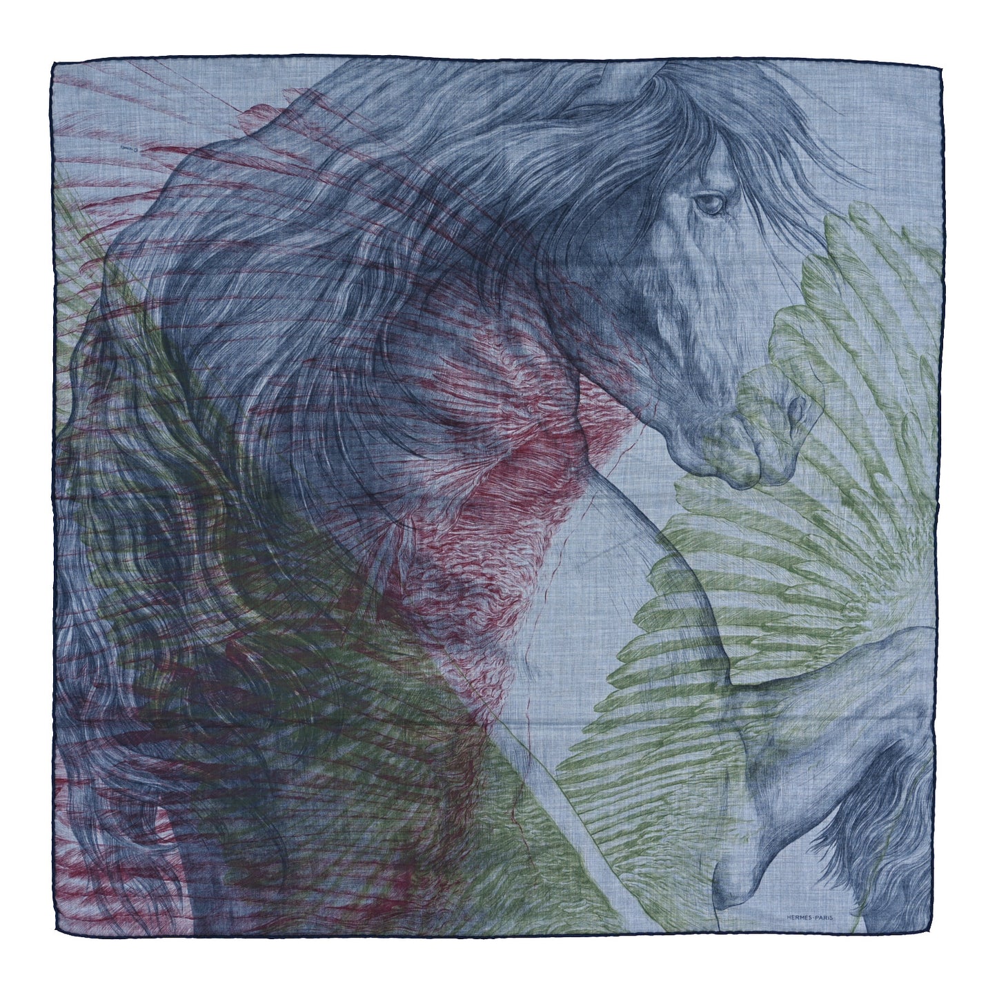 Cashmere Silk Les Ailes De Pegase Scarf 100 Bleu Chine Marine Vert