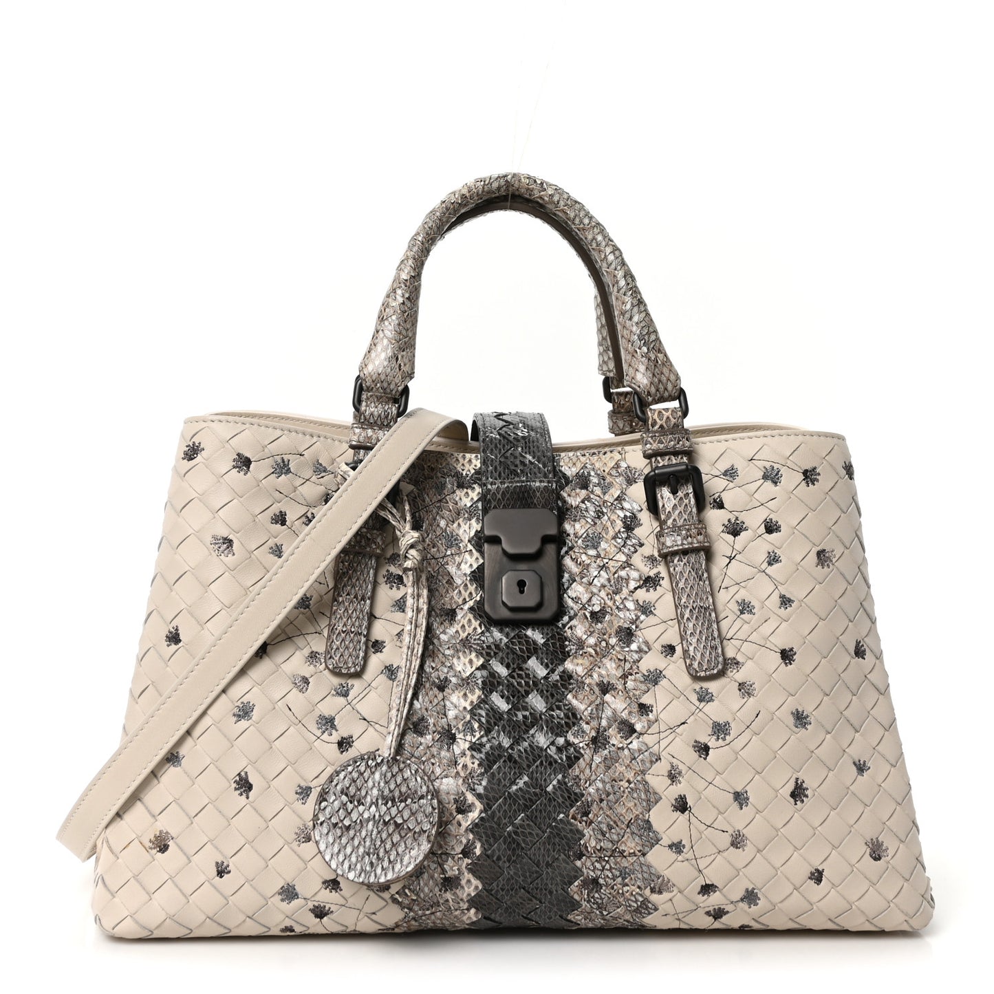 Light Calf Snakeskin Intrecciato Embroidered Small Roma Cream