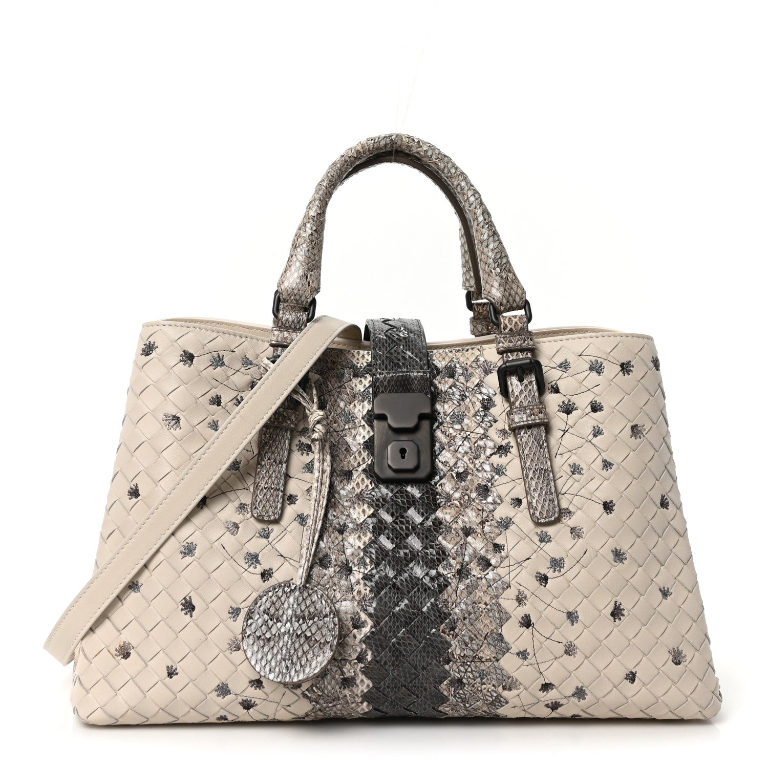 Bottega Veneta Light Calf Snakeskin Intrecciato Embroidered Small Roma Cream 1 of 9