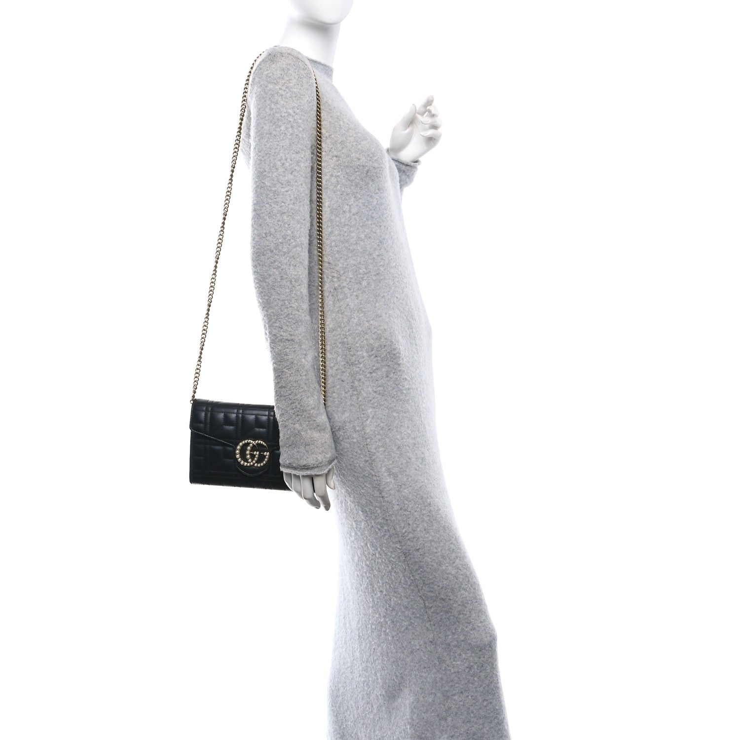 Gucci Calfskin Matelasse Mini Pearly GG Marmont Chain Wallet Black 2 of 10