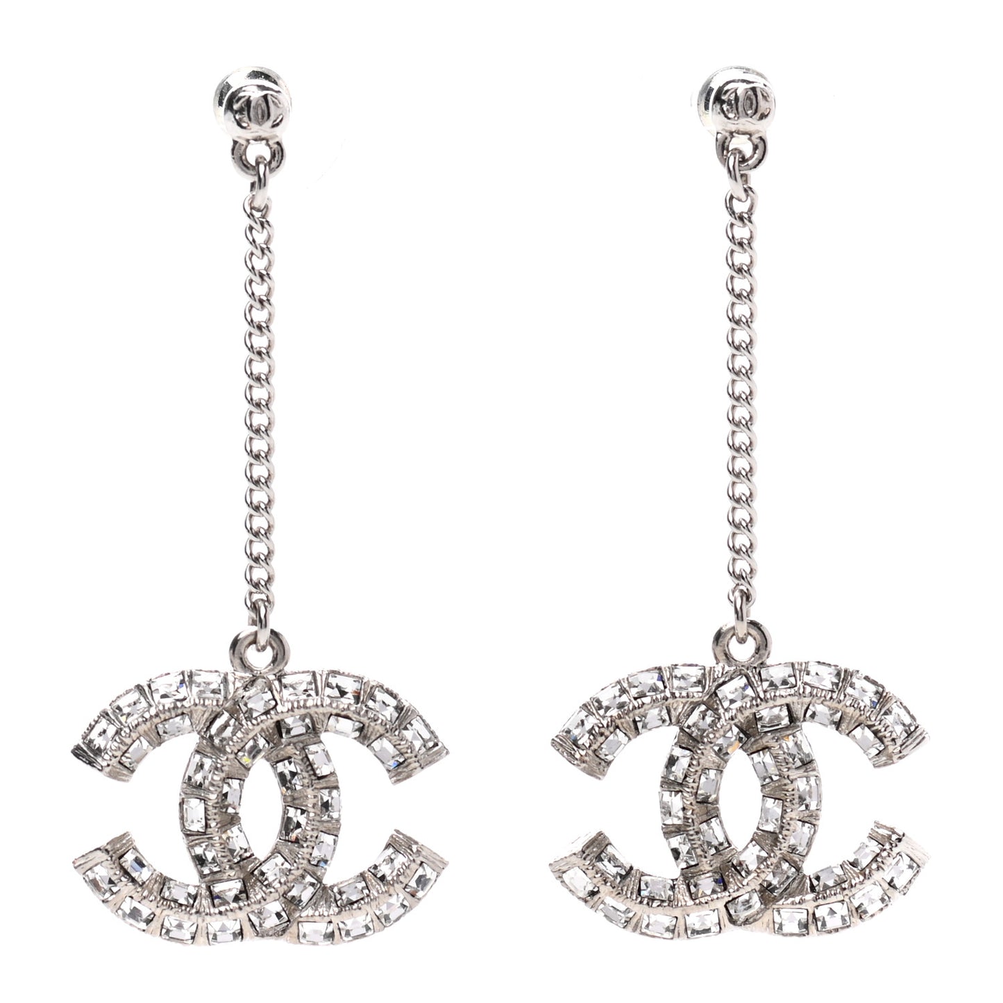 Baguette Crystal CC Drop Earrings Silver