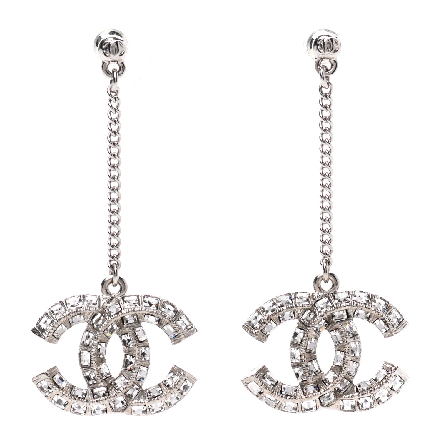 Chanel Baguette Crystal CC Drop Earrings Silver 1 of 5