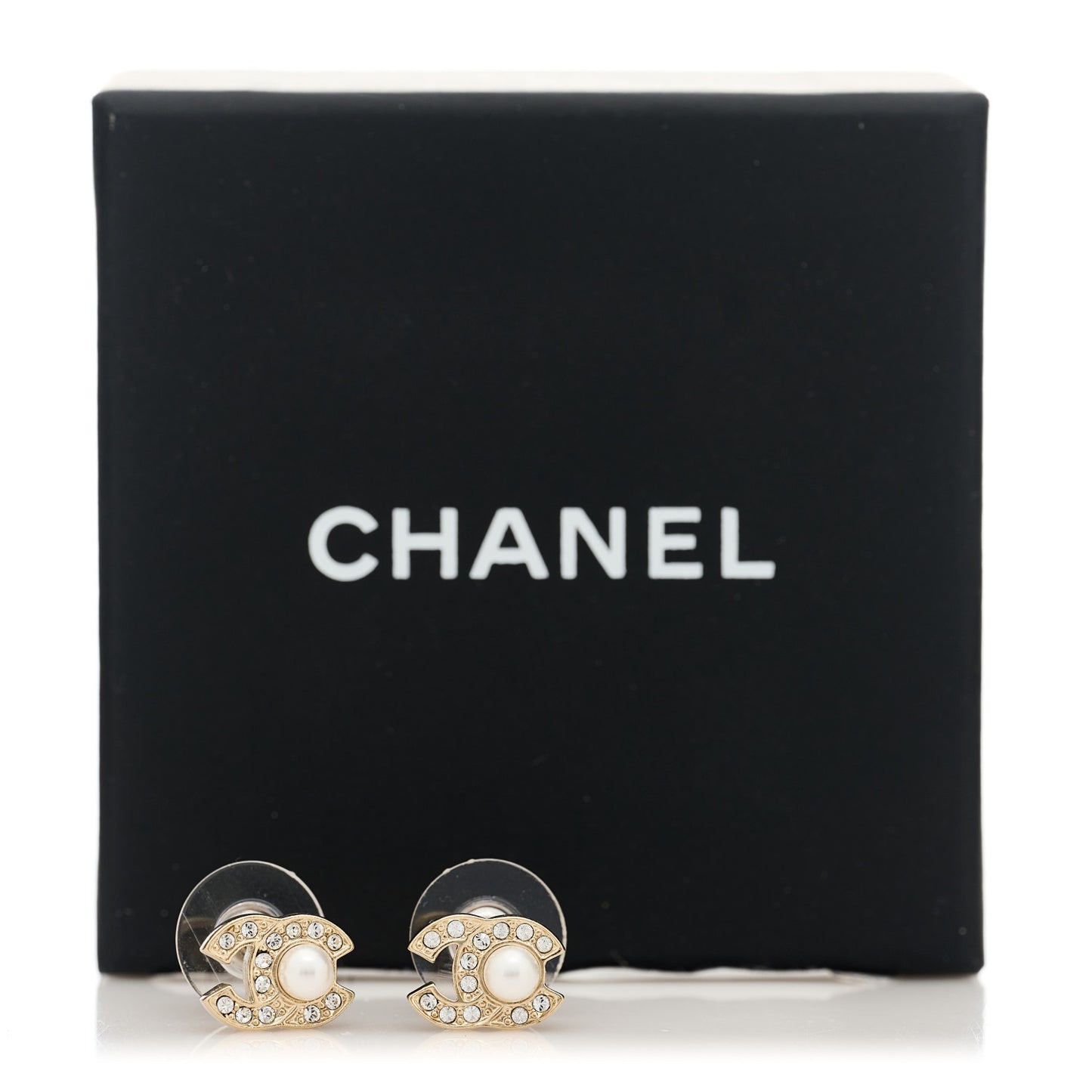 Metal Crystal Pearl CC Stud Earrings Gold