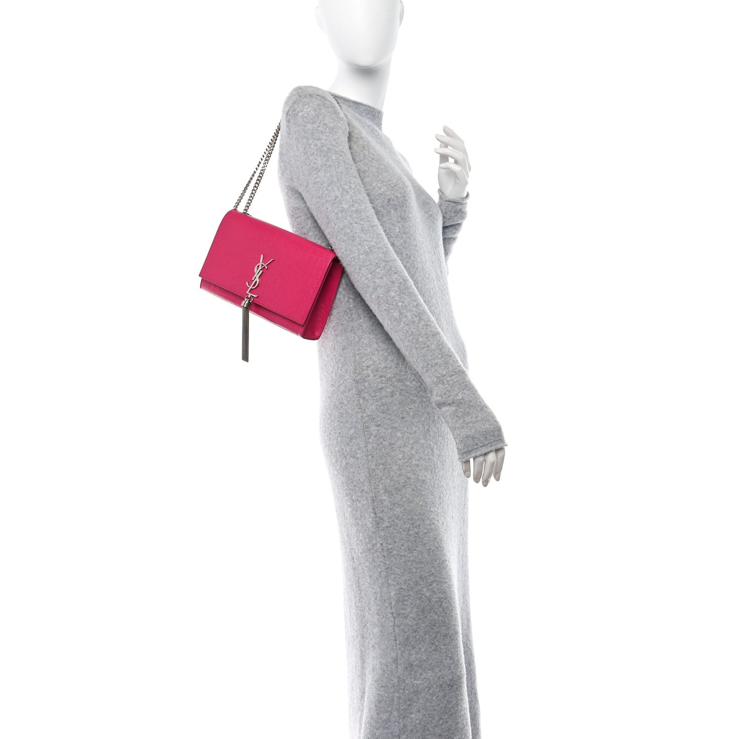 Calfskin Crocodile Embossed Medium Classic Monogram Kate Tassel Satchel Fuchsia