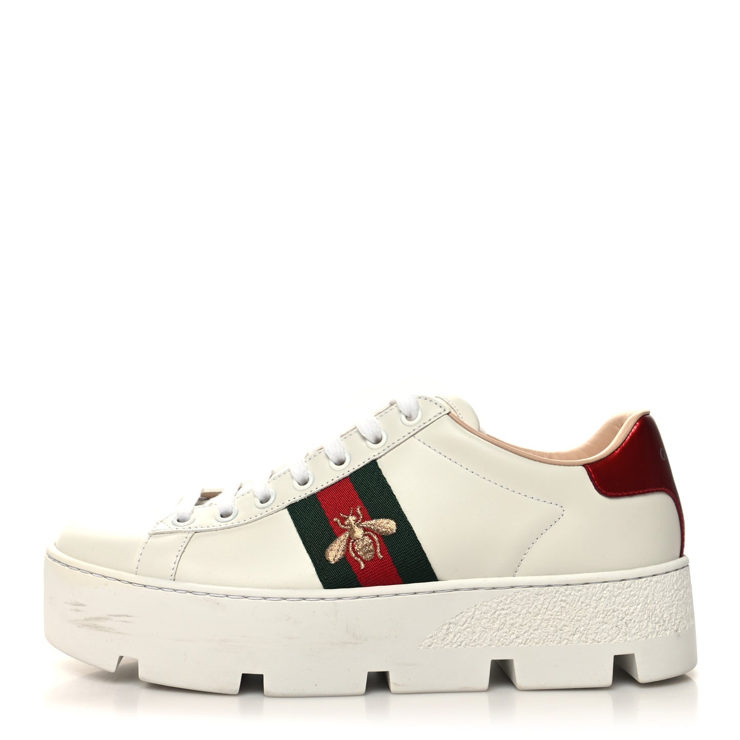 Calfskin Web Bee Embroidered Womens Ace Platform Sneakers 38 White