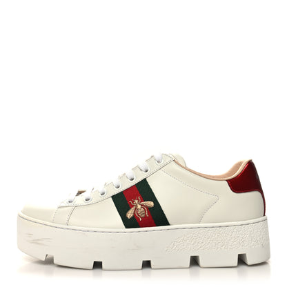 Gucci Calfskin Web Bee Embroidered Womens Ace Platform Sneakers 38 White 1 of 10