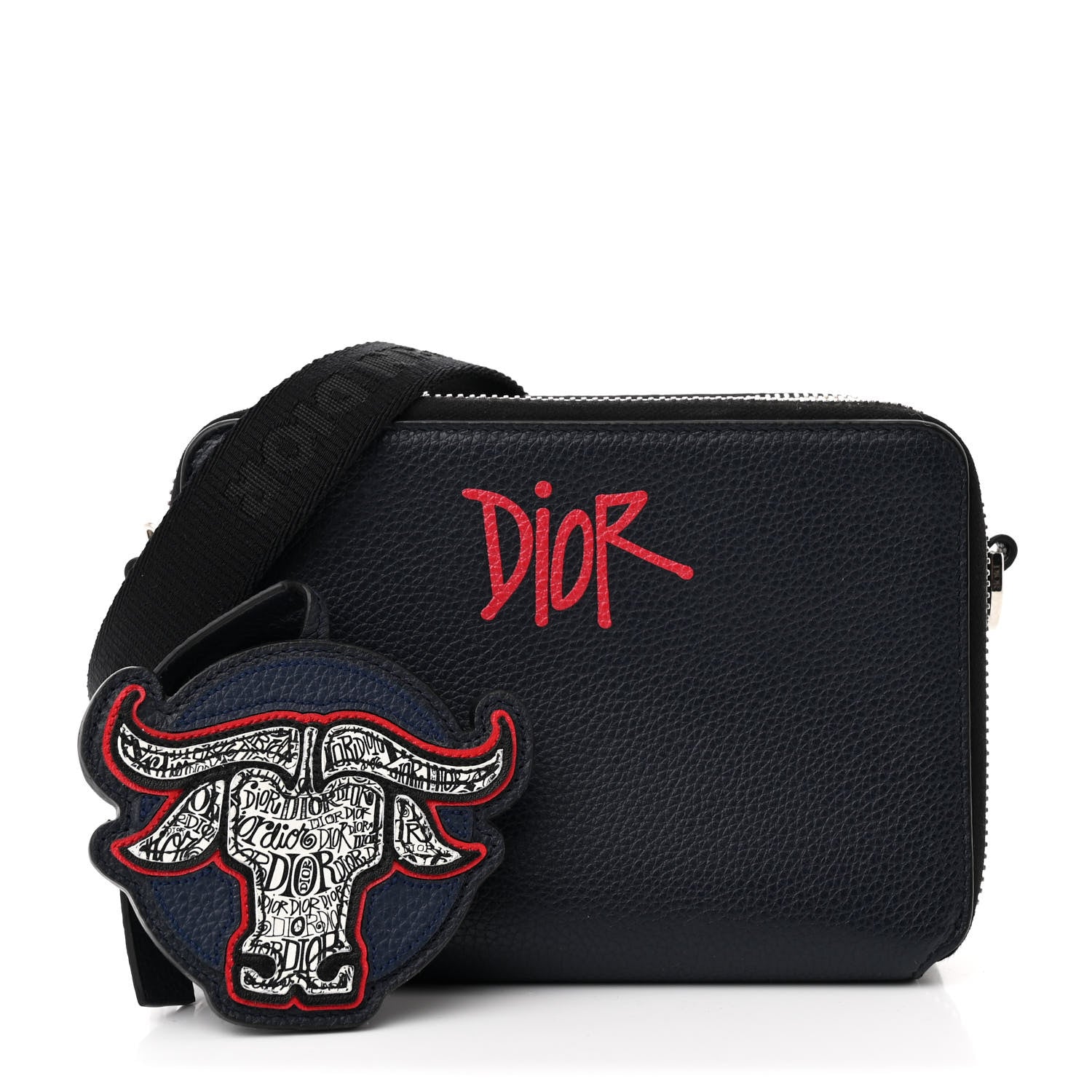 Christian Dior X SHAWN STUSSY Grained Calfskin Ox Head Crossbody Double Zip Crossbody Pouch Navy Blue 3 of 13