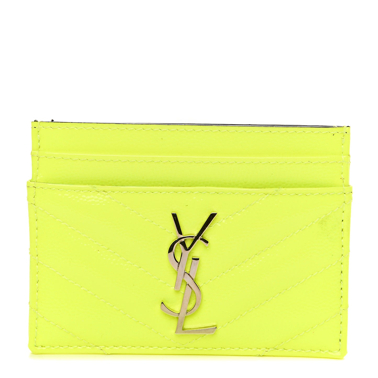 Patent Grain De Poudre Matelasse Chevron Monogram Credit Card Case Neon Yellow