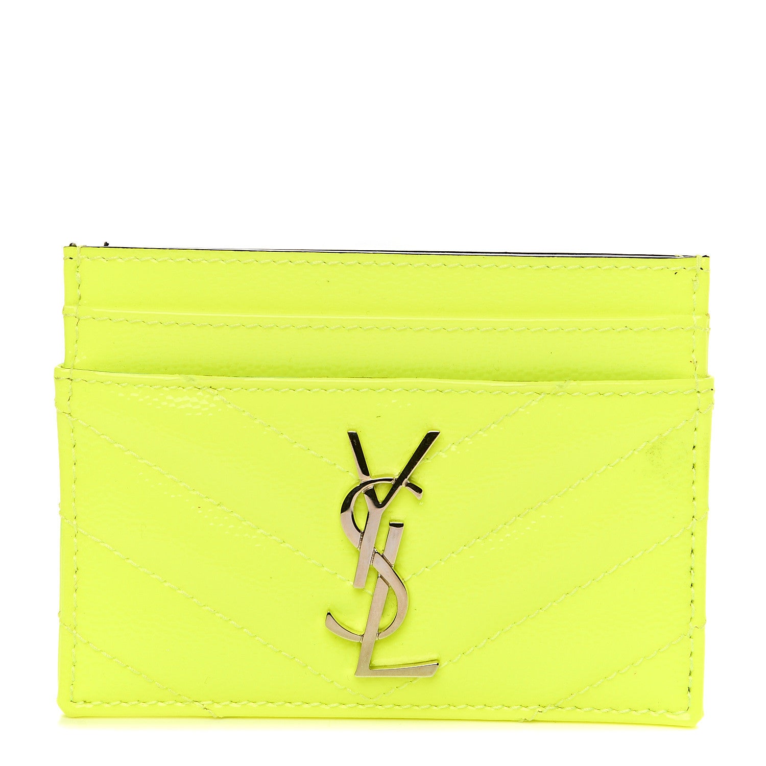 Saint Laurent Patent Grain De Poudre Matelasse Chevron Monogram Credit Card Case Neon Yellow 1 of 7