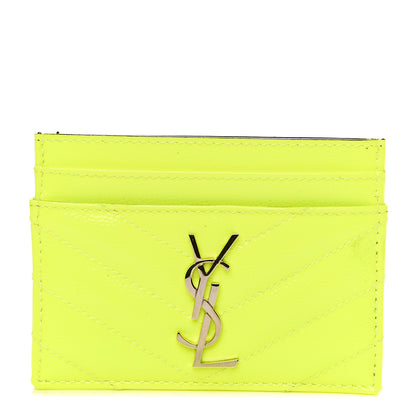 Saint Laurent Patent Grain De Poudre Matelasse Chevron Monogram Credit Card Case Neon Yellow 1 of 7