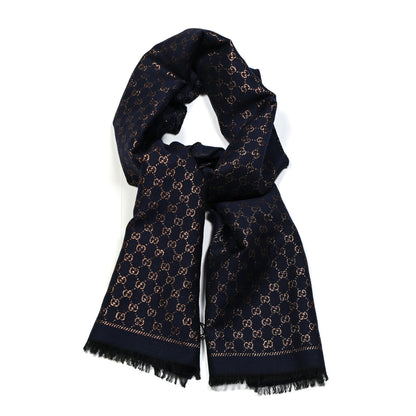 Gucci Wool Silk Jacquard GG Monogram Stenix Scarf Navy Yellow 1 of 4