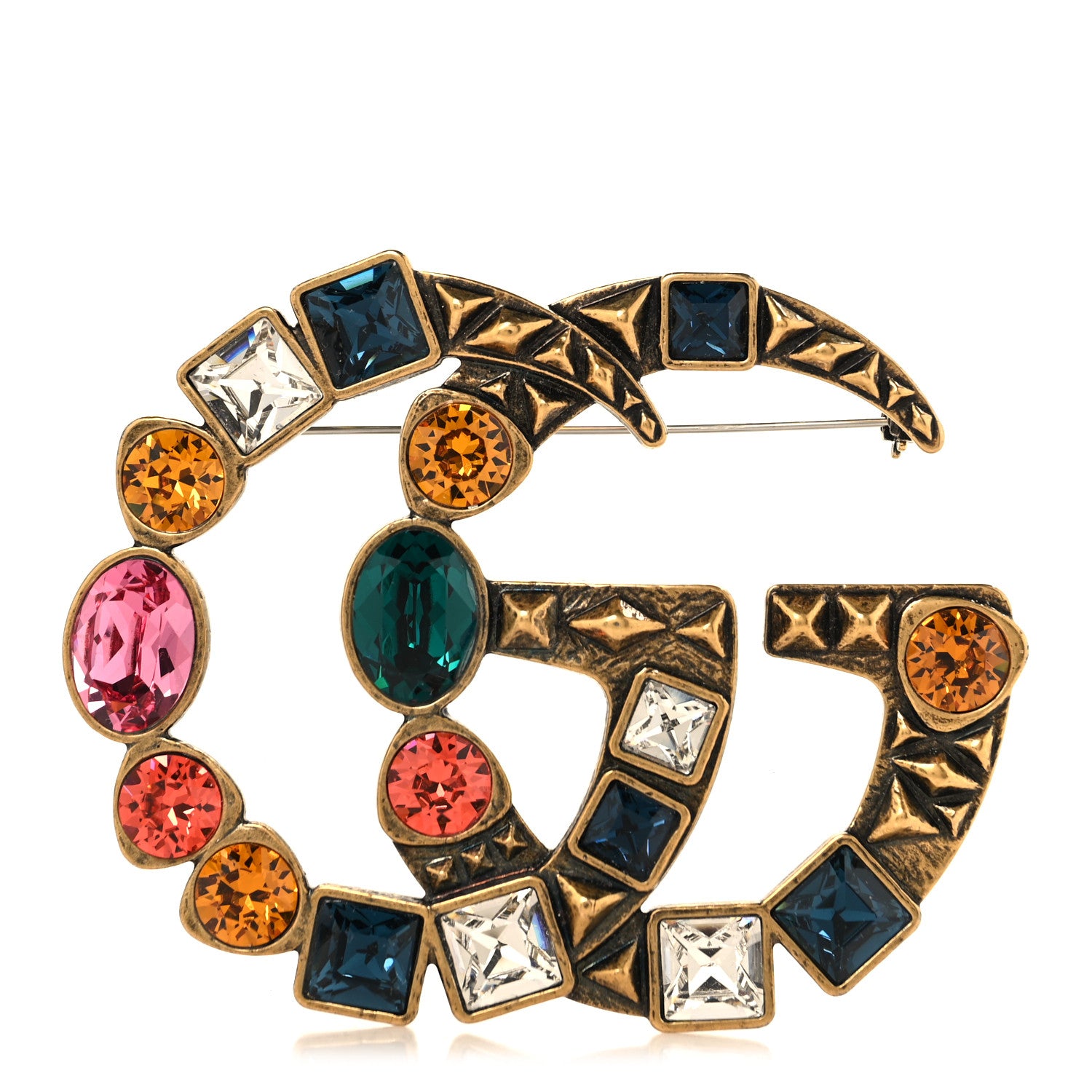 Gucci Metal Crystal Double G Brooch Aged Gold Multicolor 1 of 4