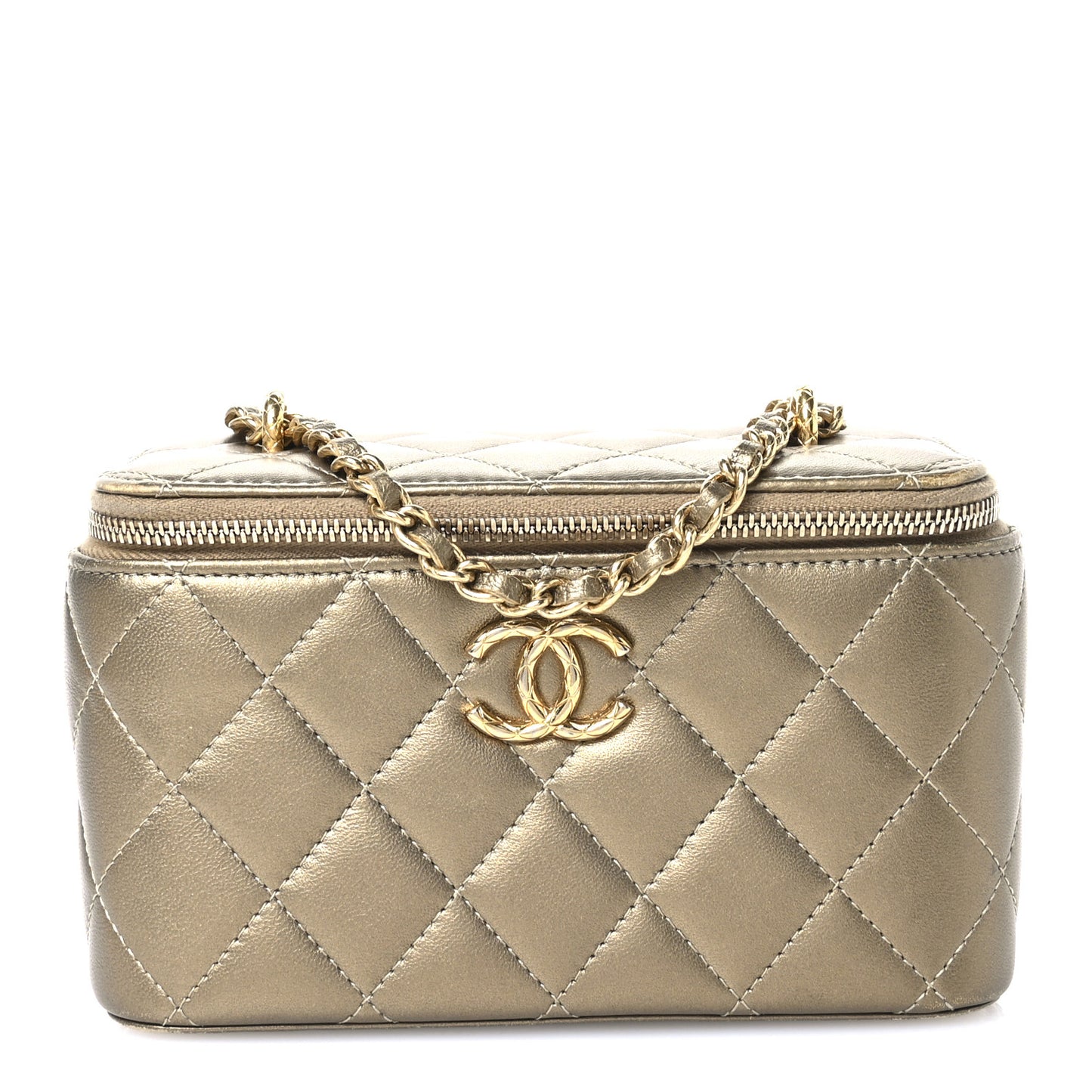 Metallic Lambskin Quilted Small CC Dynasty Vanity Case With Chain Gold