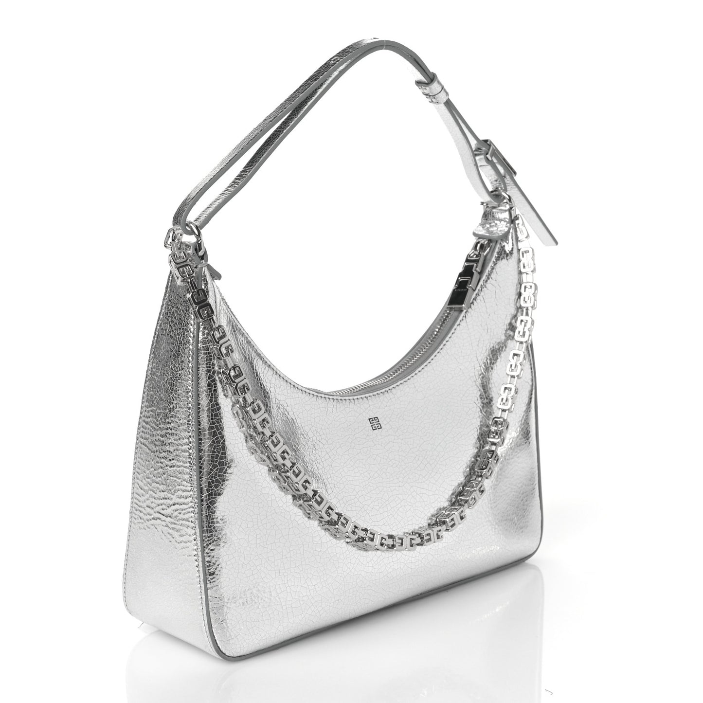 Metallic Lambskin Small Moon Cut Out Shoulder Bag Silvery