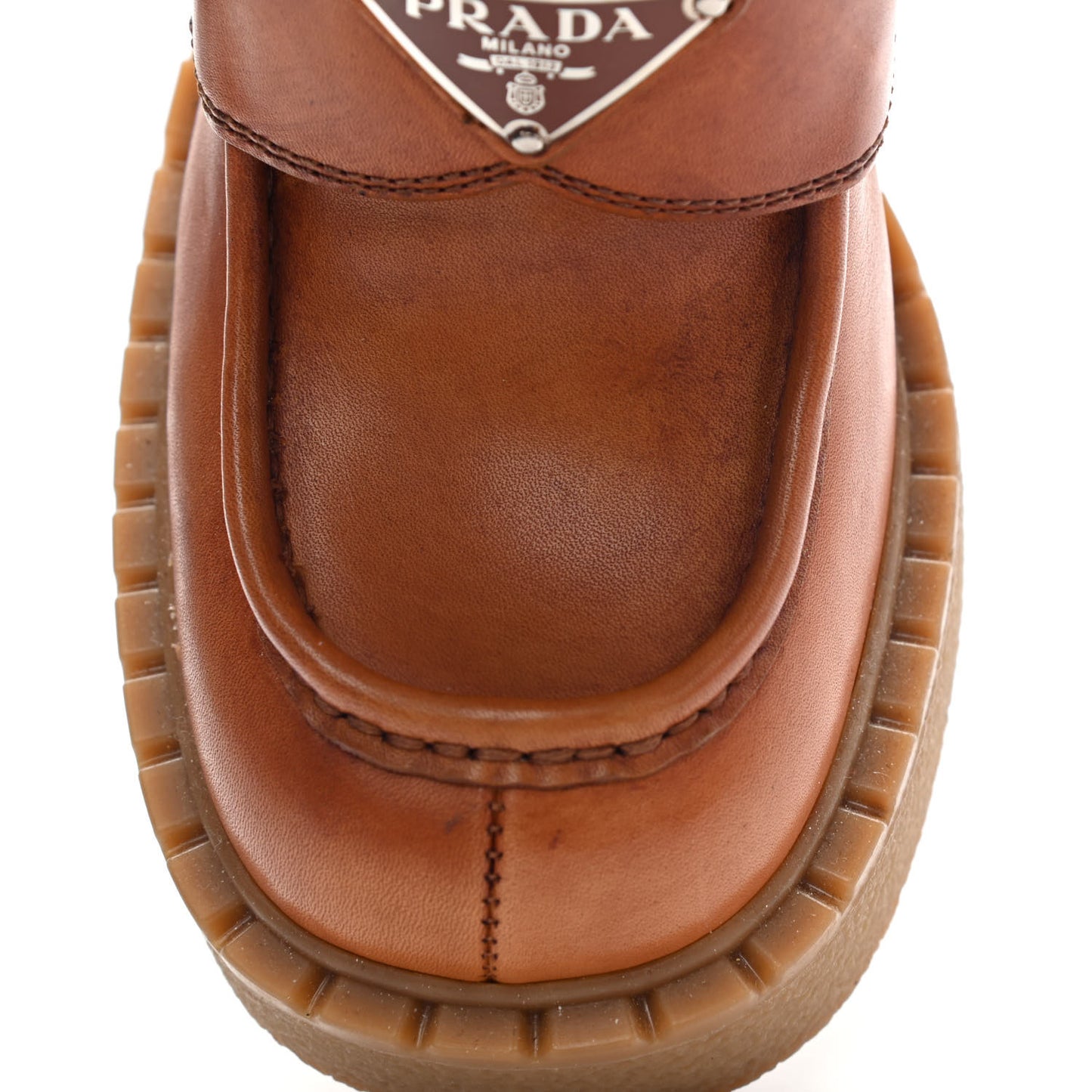 Calfskin Metal Triangle Logo Flow Heeled Loafers 36 Caramel