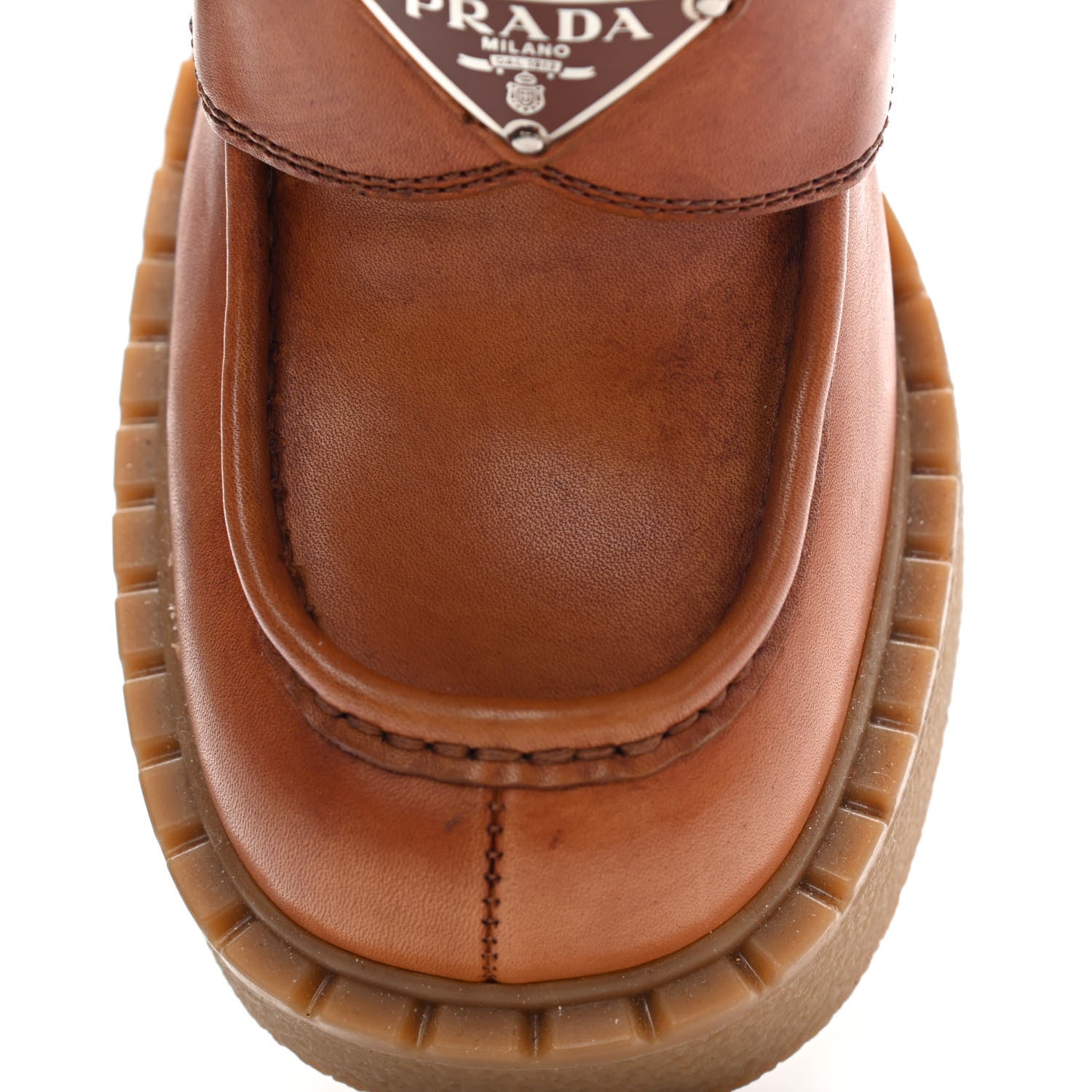 Prada Calfskin Metal Triangle Logo Flow Heeled Loafers 36 Caramel 18 of 18