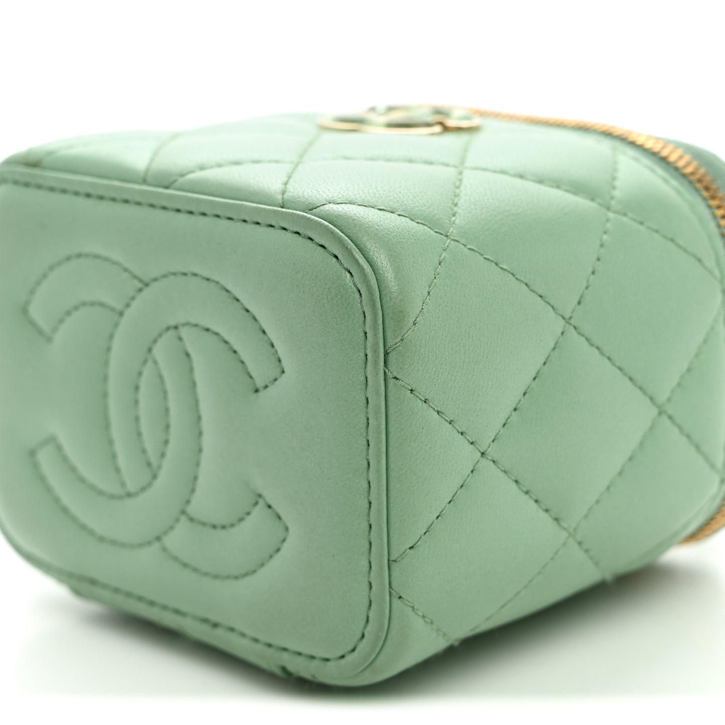Lambskin Resin Quilted Mini Heart Mini Vanity Case With Chain Light Green