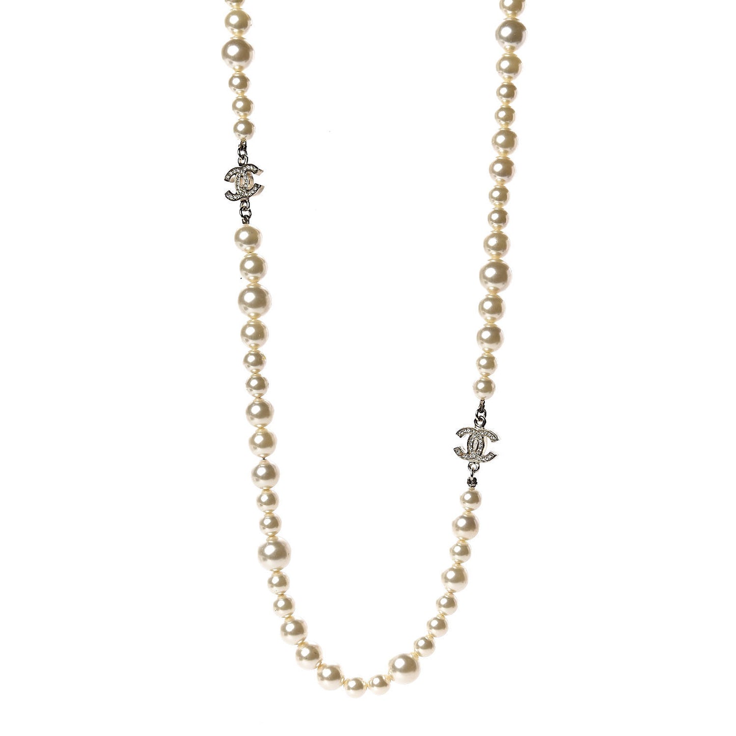 Pearl Crystal Long CC Necklace Gold