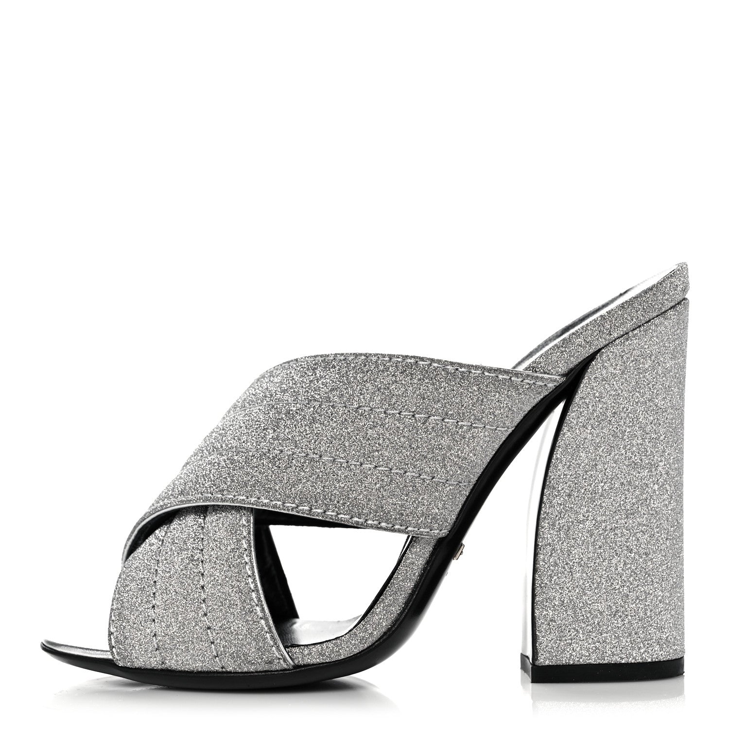 Gucci Glitter Fabric Webby Crossover High Heel Slide Sandals 37 Argento 1 of 9