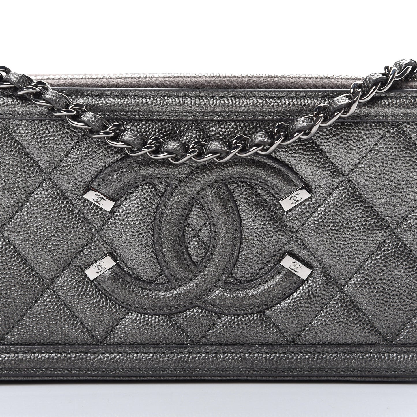 Metallic Caviar Quilted CC Filigree Clutch With Chain Dark Silver