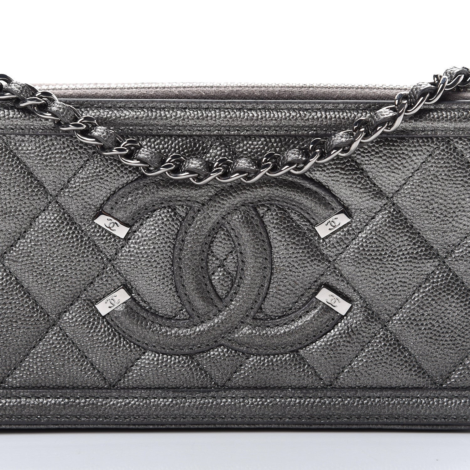 Chanel Metallic Caviar Quilted CC Filigree Clutch With Chain Dark Silver 10 of 13