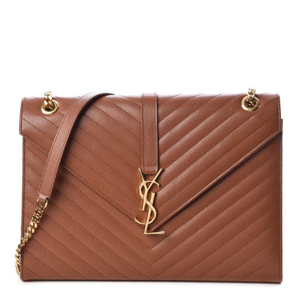 Saint Laurent Grain De Poudre Matelasse Chevron Large Monogram Satchel Brown 1 of 7