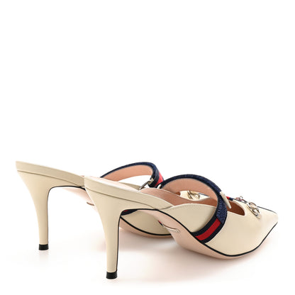 Gucci Malaga Kid Sylvie Web Cross Strap Mid-Heel Slides 38 Vintage White 5 of 9