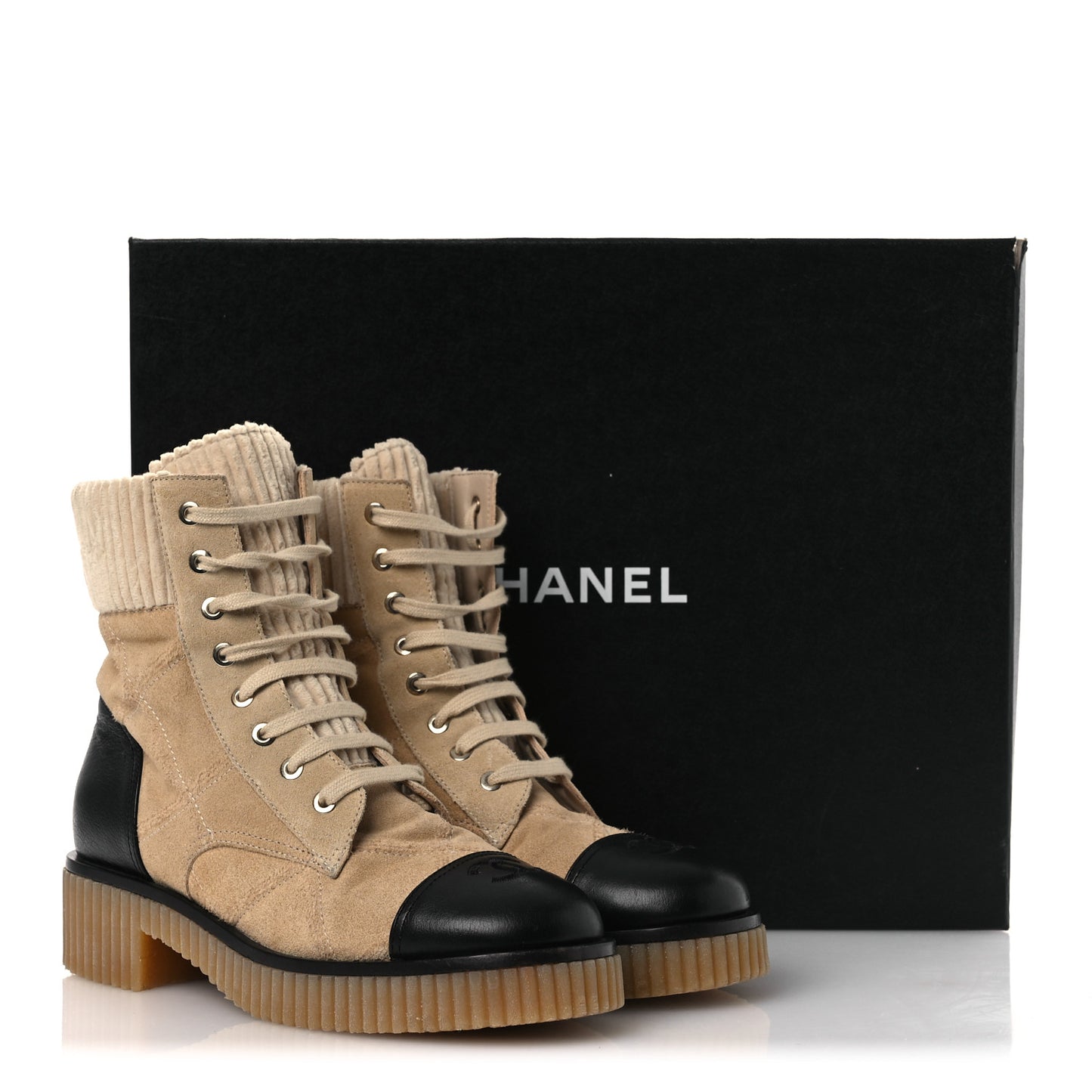 Suede Calfskin Velvet Quilted CC Combat Boots 37.5 Beige Black