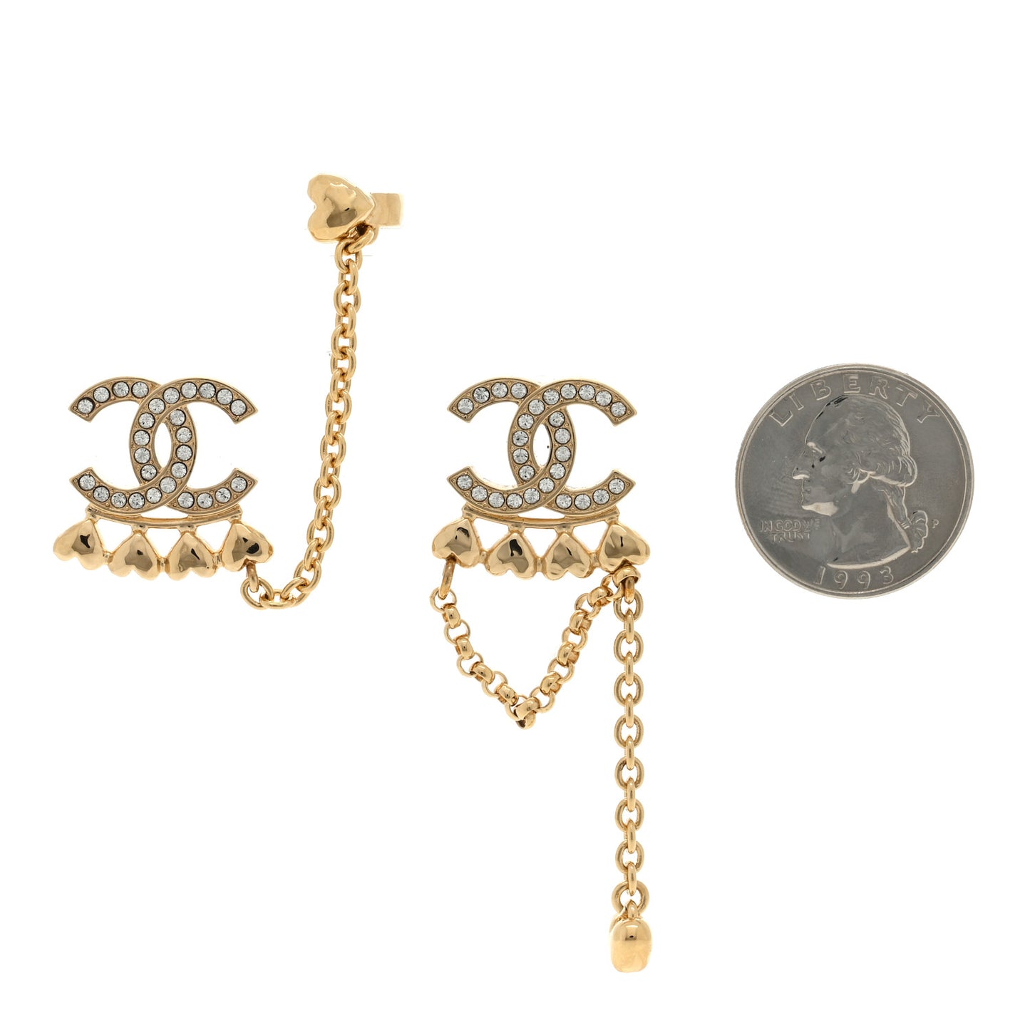 Metal Crystal CC Drop Heart Link Earrings Gold