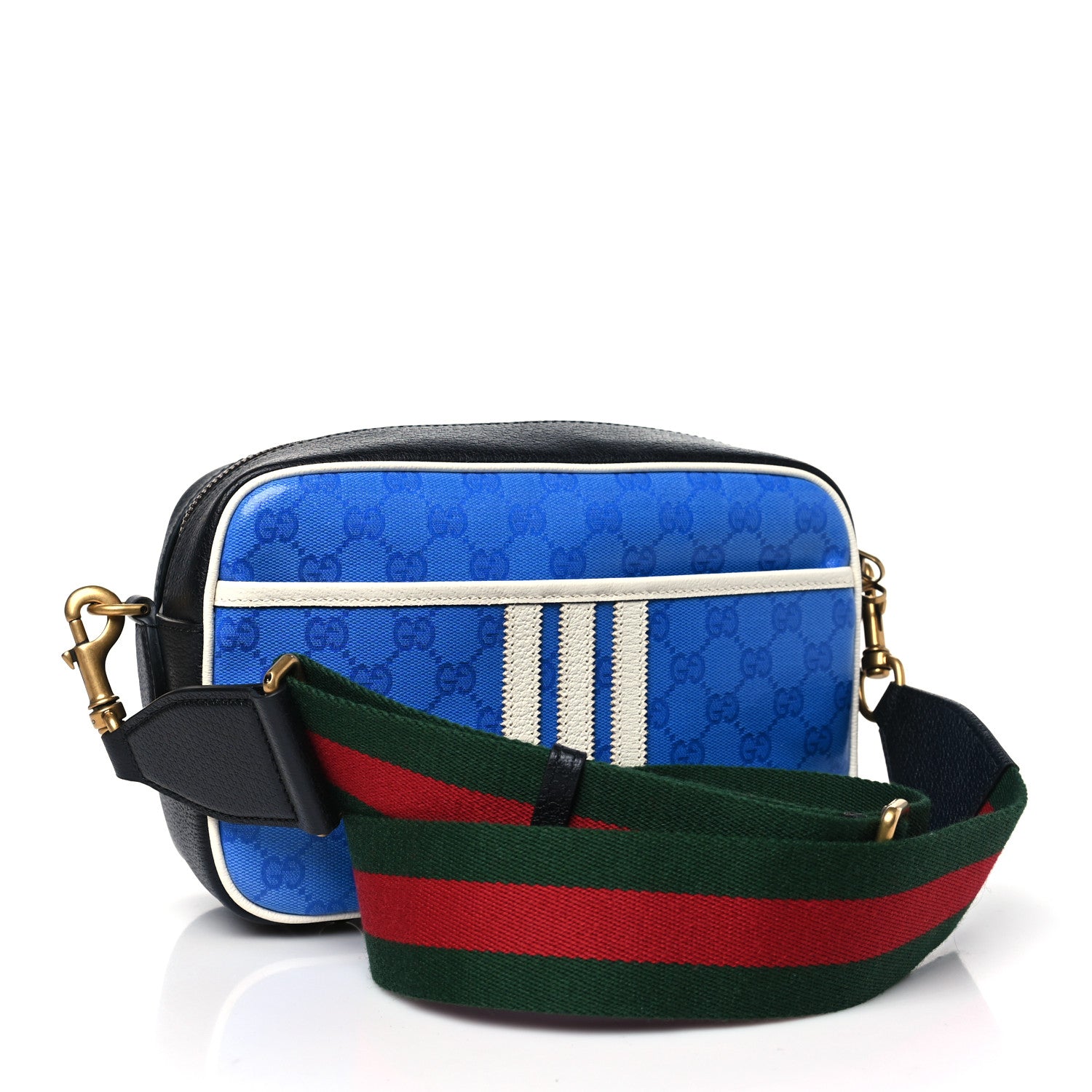Gucci X ADIDAS Crystal Vintage Monogram Textured Dollar Calfskin Web Trefoil Logo Small Messenger Bag Bright Splash Off White Black 3 of 10