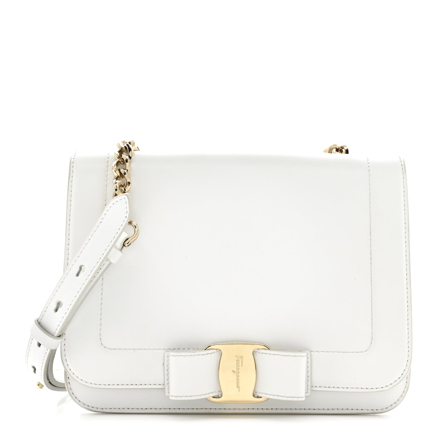 Smooth Calfskin Vara Bow Chain Flap Crossbody White