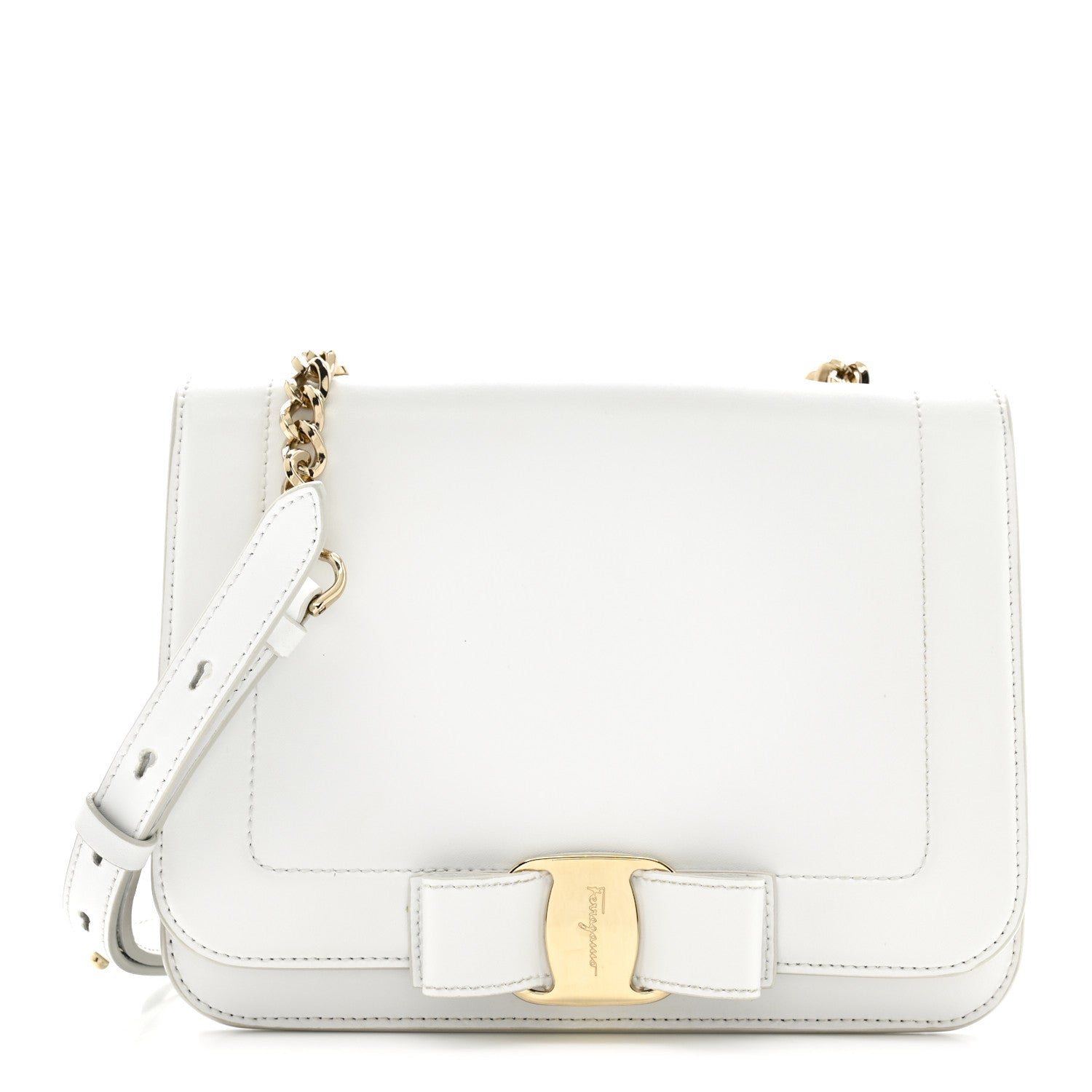Salvatore Ferragamo Smooth Calfskin Vara Bow Chain Flap Crossbody White 1 of 17
