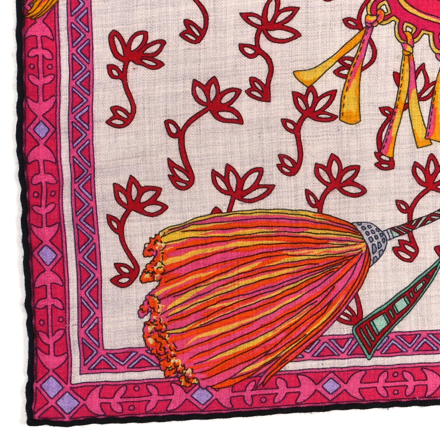 Cashmere Silk Cavaliers du Caucase Shawl 140 Gris Claire Fuchsia Vert
