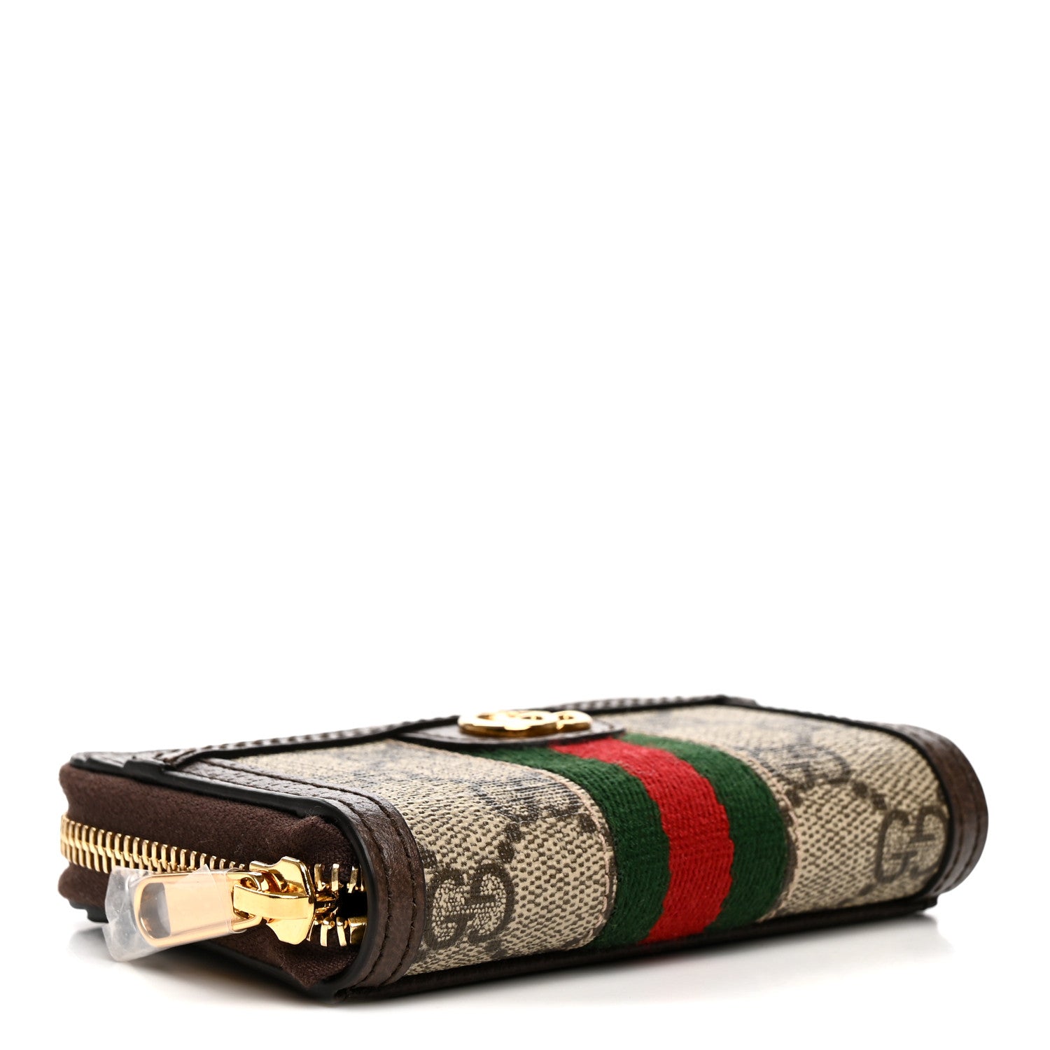 Gucci GG Supreme Monogram Textured Dollar Calfskin Web Ophidia Zip Around Card Case Wallet Beige Ebony New Acero 4 of 8