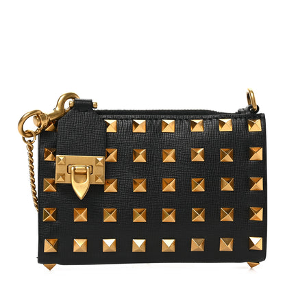 Valentino Garavani Grainy Calfskin Rockstud Allover Alcove Coin Case Card Holder Black 1 of 6