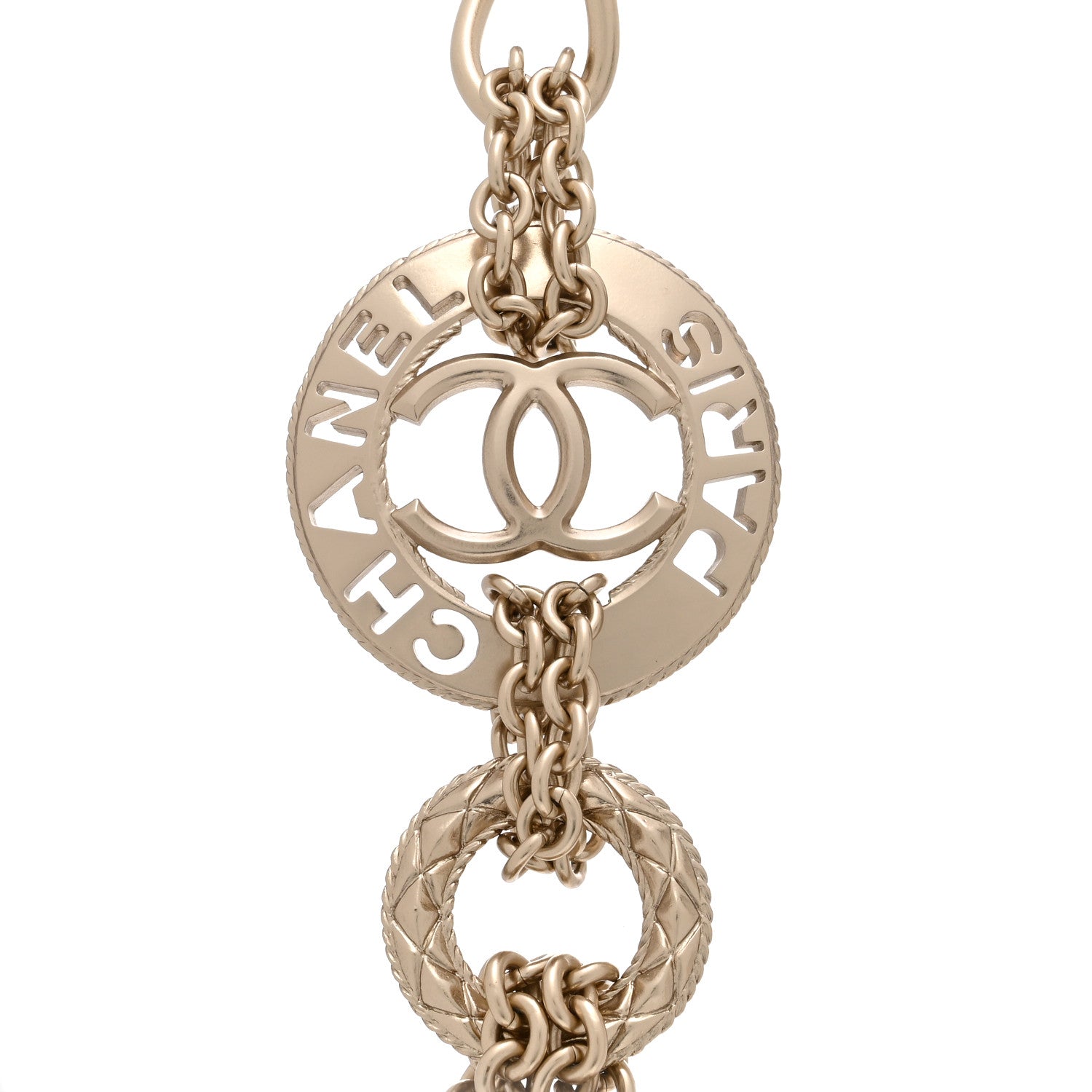 Chanel Metal Pearl Chain CC Paris Pendant Long Necklace Light Gold 4 of 5