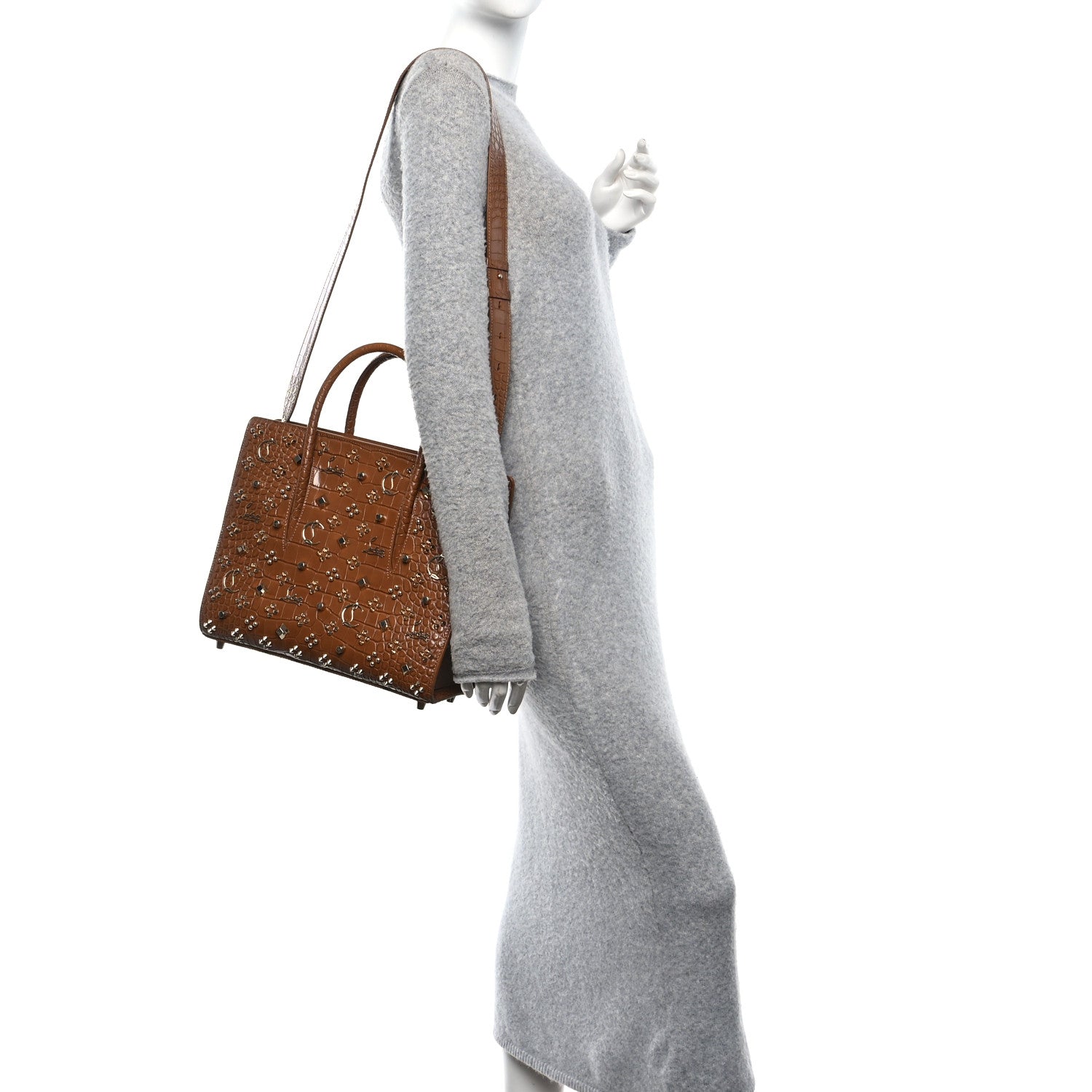 Christian Louboutin Calfskin Crocodile Embossed Studded Medium