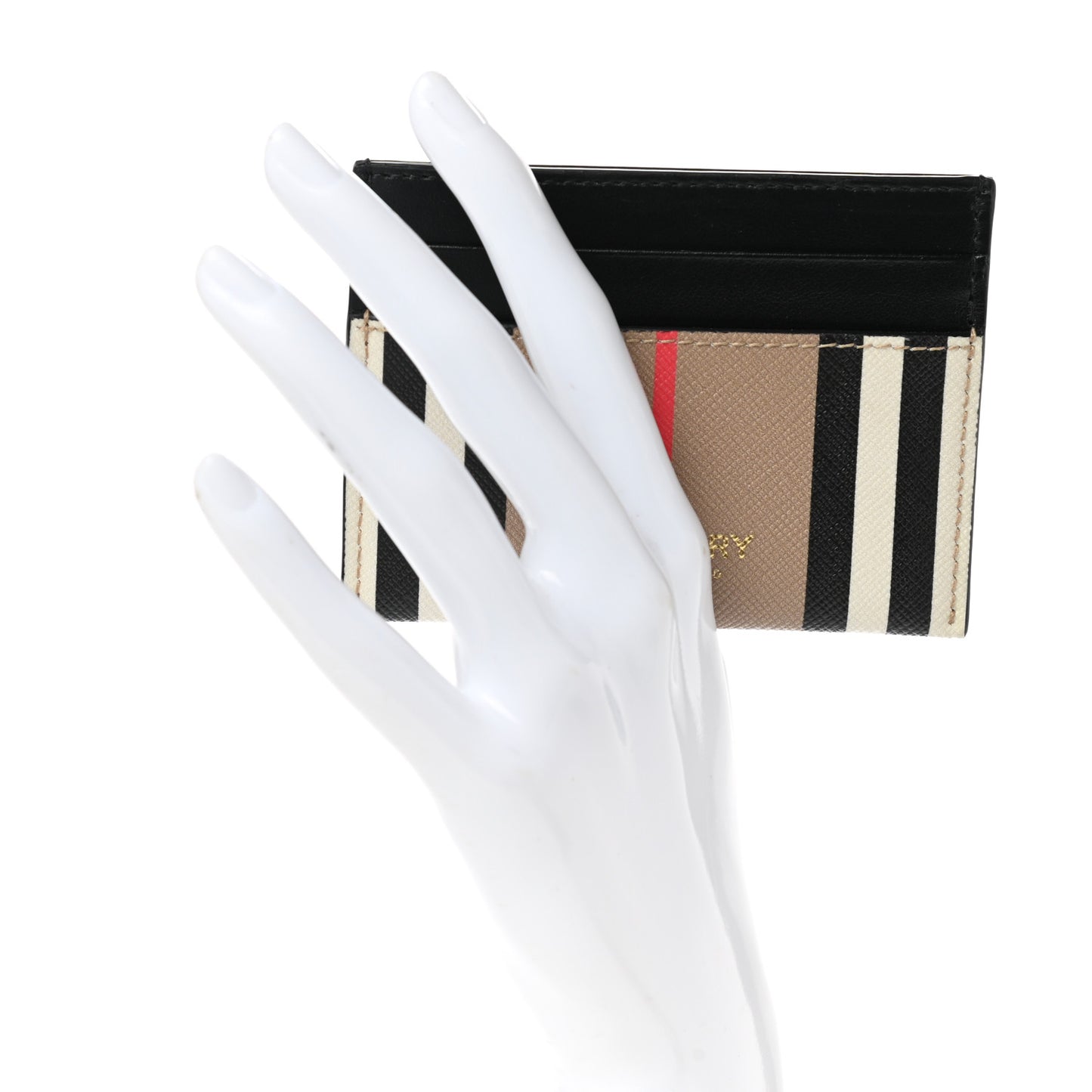 E-Canvas Calfskin Icon Stripe Card Case Archive Beige