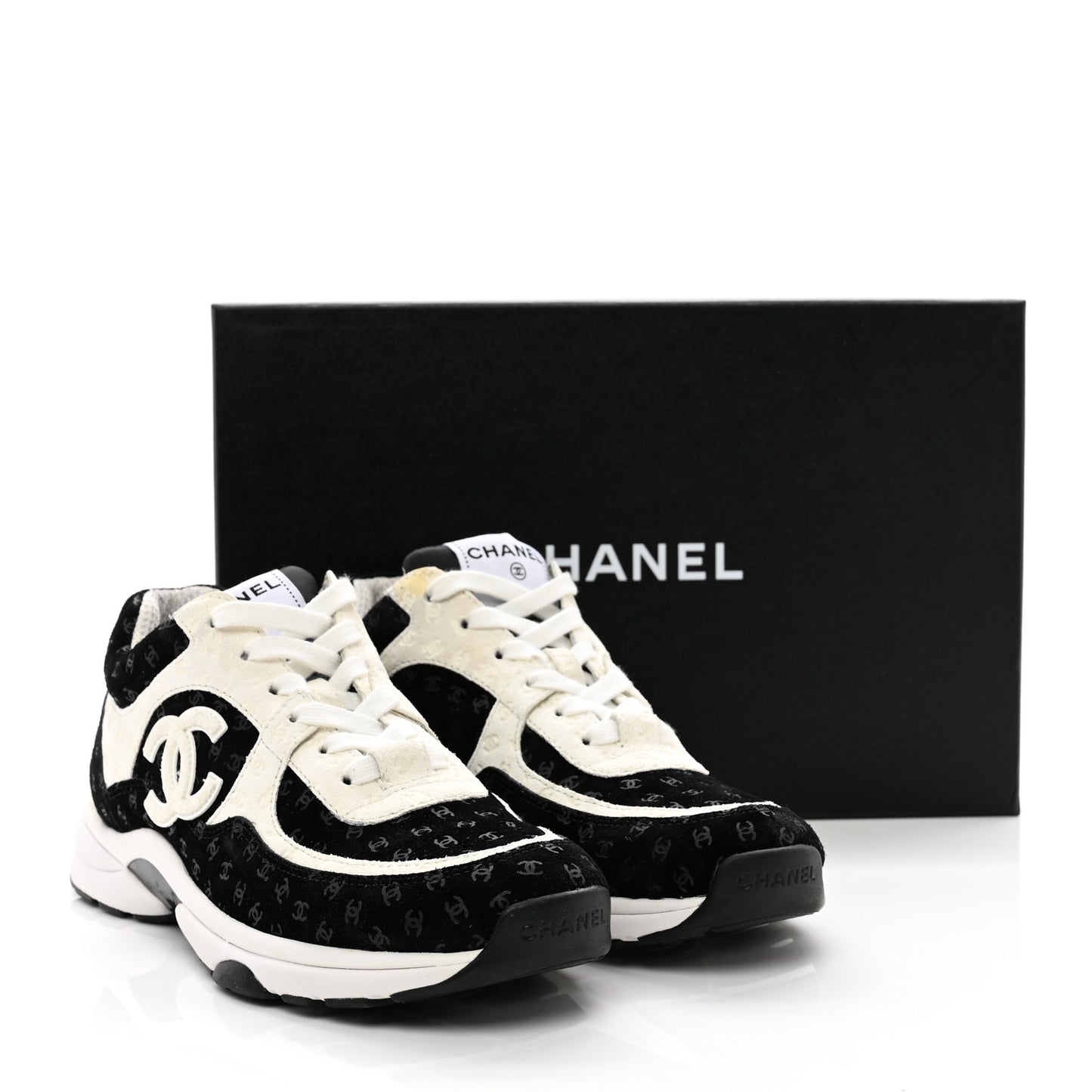 Nylon Suede Calfskin Printed CC Sneakers 38.5 White Black