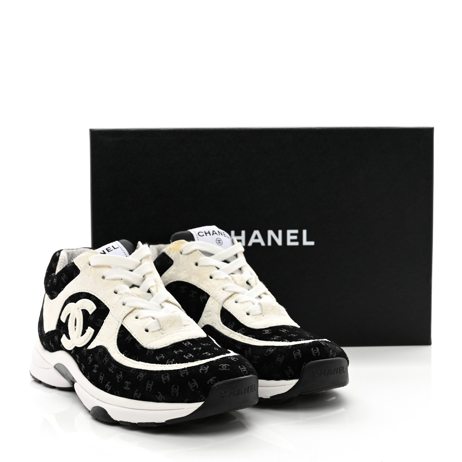 Chanel Nylon Suede Calfskin Printed CC Sneakers 38.5 White Black 9 of 9