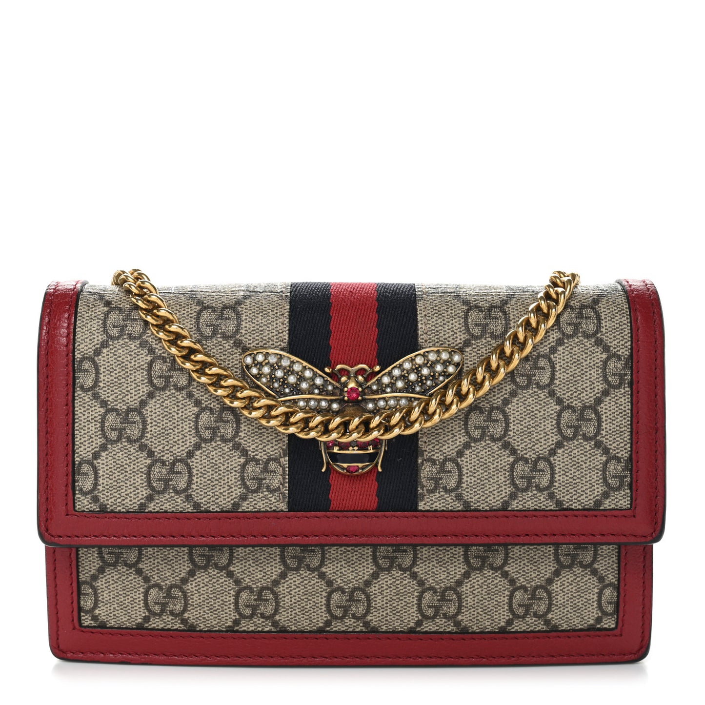 GG Supreme Monogram Web Queen Margaret Chain Wallet Red
