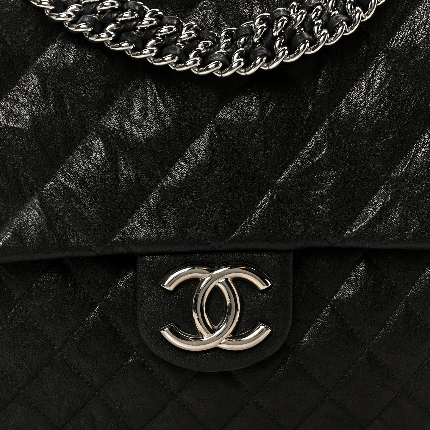 Washed Lambskin Quilted Maxi Chain Around Flap Black