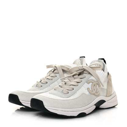 Chanel Mesh Suede Fabric Womens CC Sneakers 39.5 White Ivory Light Beige 3 of 9