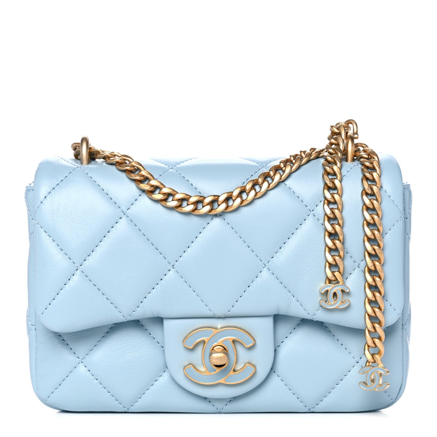 Lambskin Enamel Quilted Mini Pending CC Square Flap Light Blue