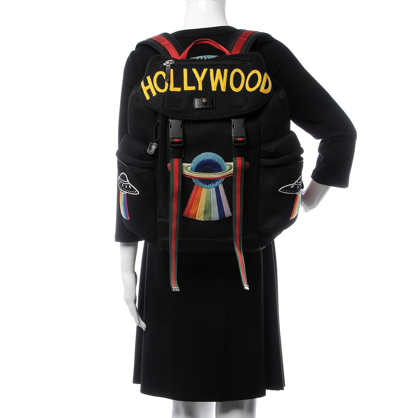 Mesh Web Hollywood Embroidered Double Buckle Backpack Black