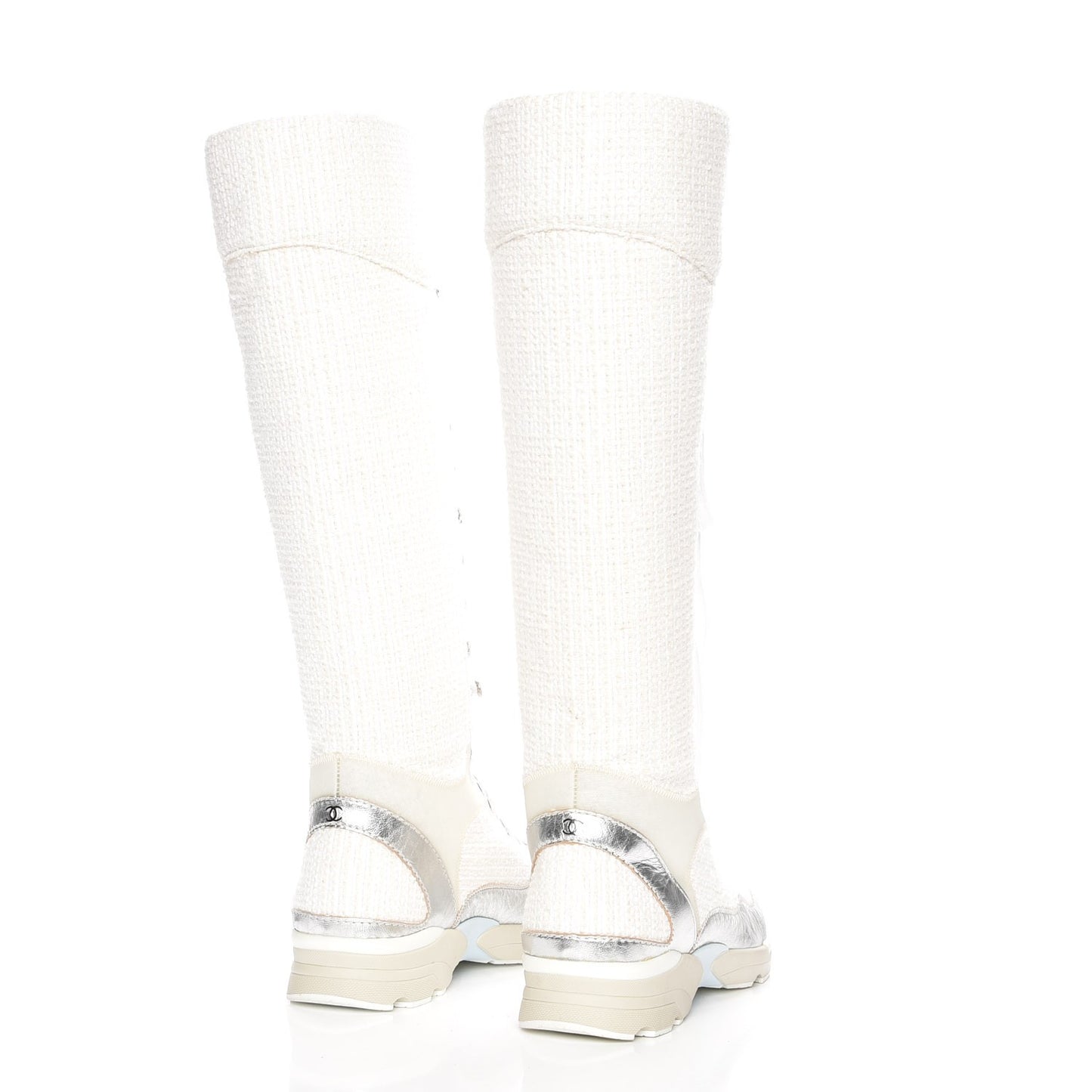 Tweed Suede Calfskin Sneaker High Boots 38 White Silver